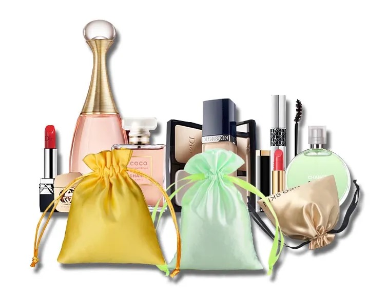 Cosmetic products packed inside a biodegradable drawstring bag