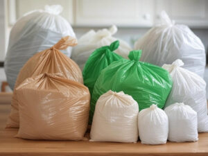 compostable garbage bags in 1 to 13 gallon sizes used in kitchen and outdoor