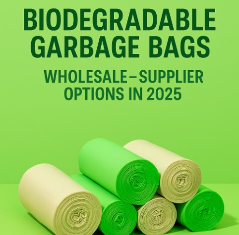 Five rolls of biodegradable garbage bags on a green background representing wholesale supplier options in 2025