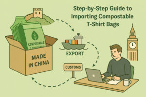 Illustration showing the process of importing compostable t-shirt bags from China with eco-friendly packaging and international shipping.