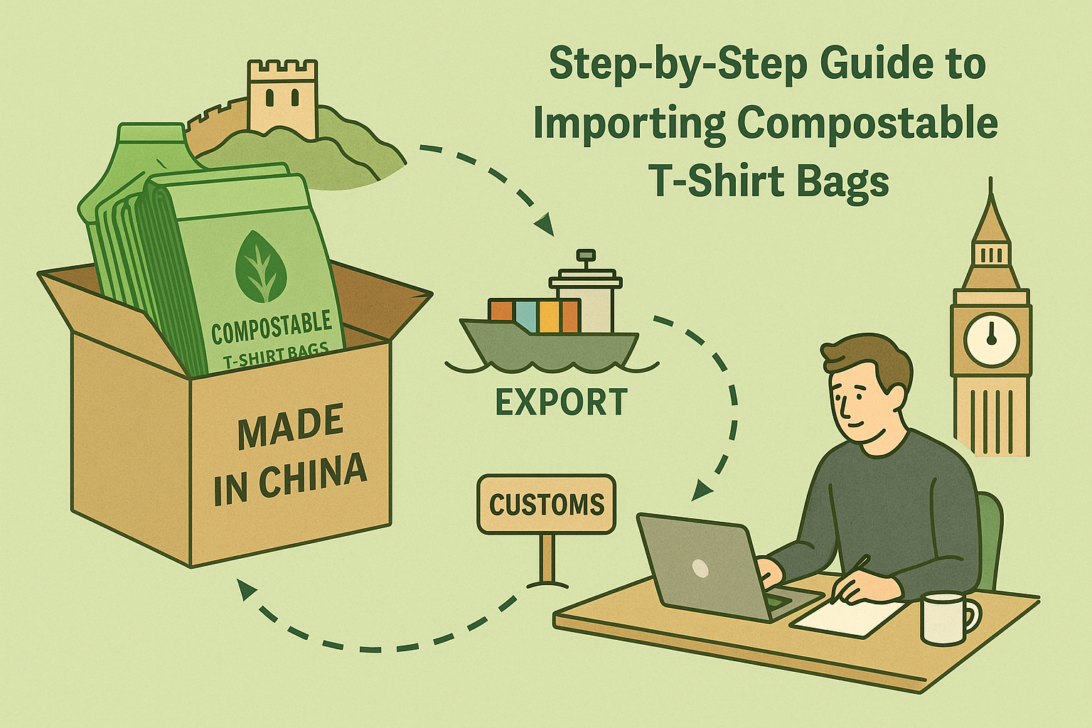 Illustration showing the process of importing compostable t-shirt bags from China with eco-friendly packaging and international shipping.