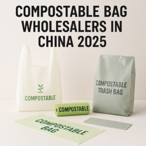 Four types of compostable bags displayed on a neutral background, including mailers, trash bags, and produce bags, with eco-friendly icons and a "Made in Chin