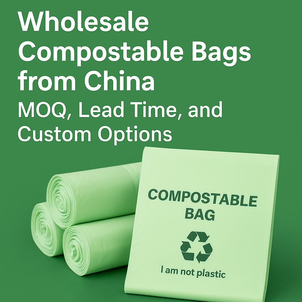 Stack of biodegradable compostable bags with green background and key info on MOQ, lead time, and customization options