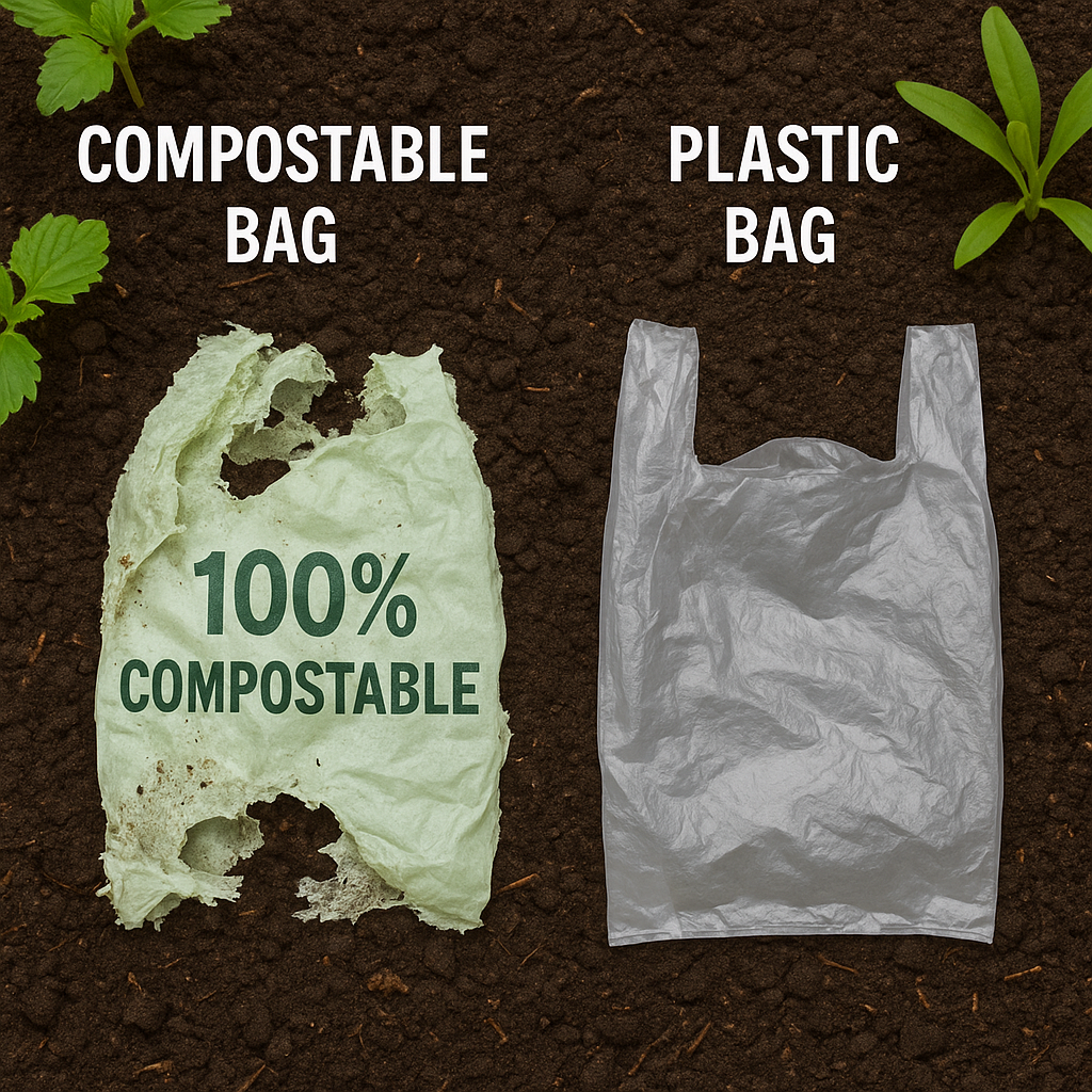 A compostable bag decomposing compared to a regular plastic bag, showing the natural degradation process