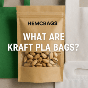 Kraft PLA and biodegradable bags with material labels and HEMCBAGS branding