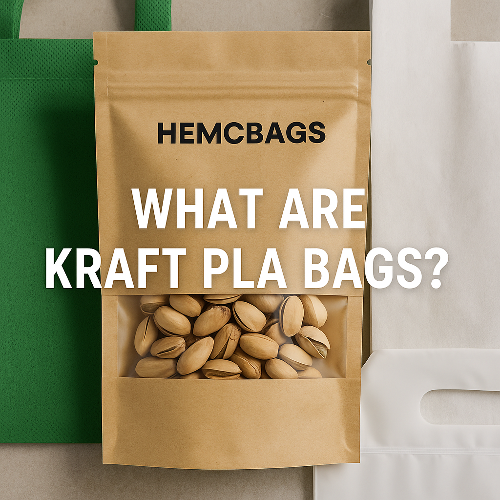 Kraft PLA and biodegradable bags with material labels and HEMCBAGS branding
