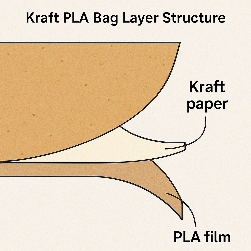 What Are Kraft PLA Bags? 1 Layered diagram of kraft PLA bag with paper and PLA film