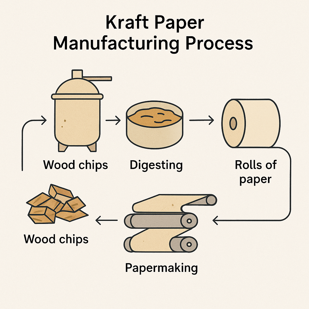 What Are Kraft PLA Bags? 3 Process diagram showing kraft paper production from wood chips