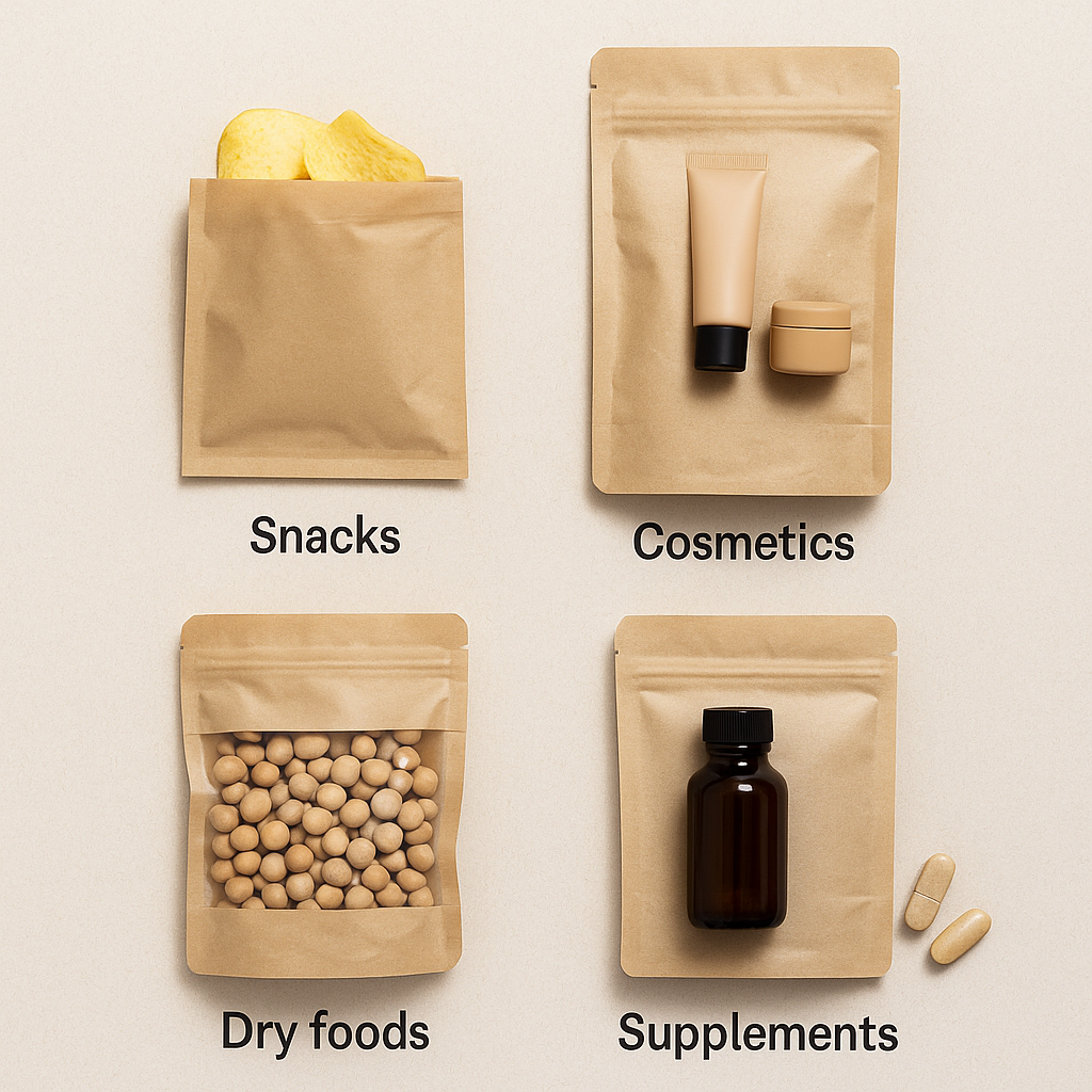 What Are Kraft PLA Bags? 4 Kraft PLA bags containing food and cosmetics on a wooden table