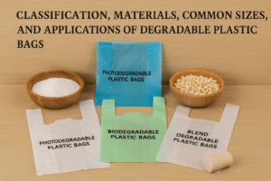 Various types of degradable plastic bags labeled by category, including biodegradable, photodegradable, and blend degradable, displayed with raw materials like starch and pellets.
