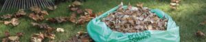 compostable lawn and leaf bags filled with yard waste in garden setting