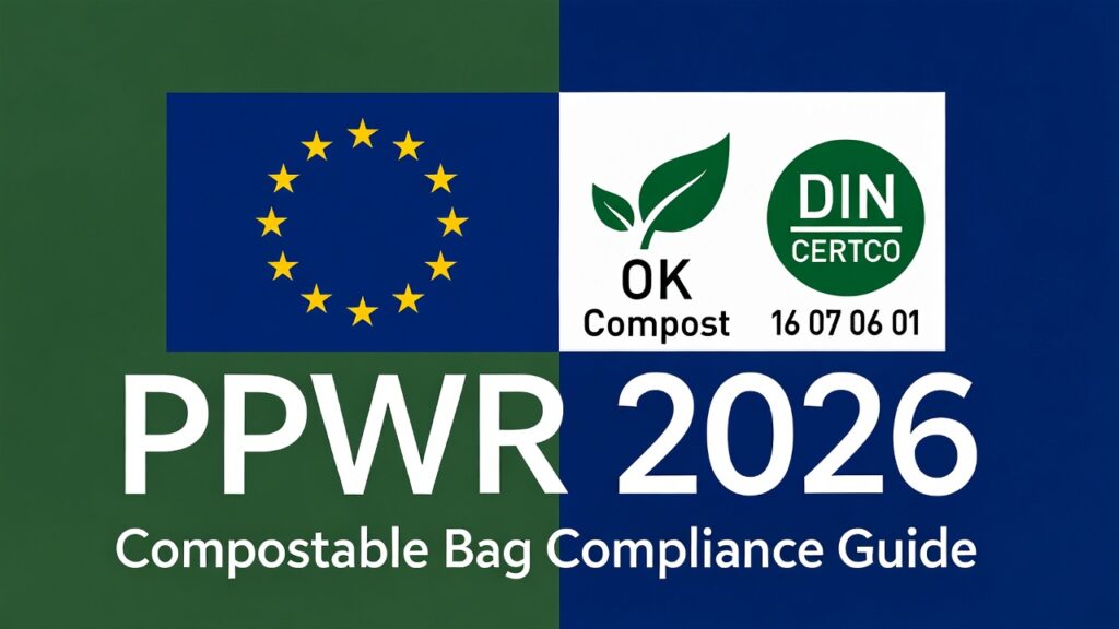 PPWR 2026 compostable bag compliance guide for EU importers featuring EU flag and OK Compost certification symbols