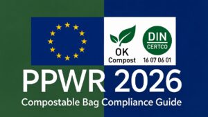 PPWR 2026 compostable bag compliance guide for EU importers featuring EU flag and OK Compost certification symbols