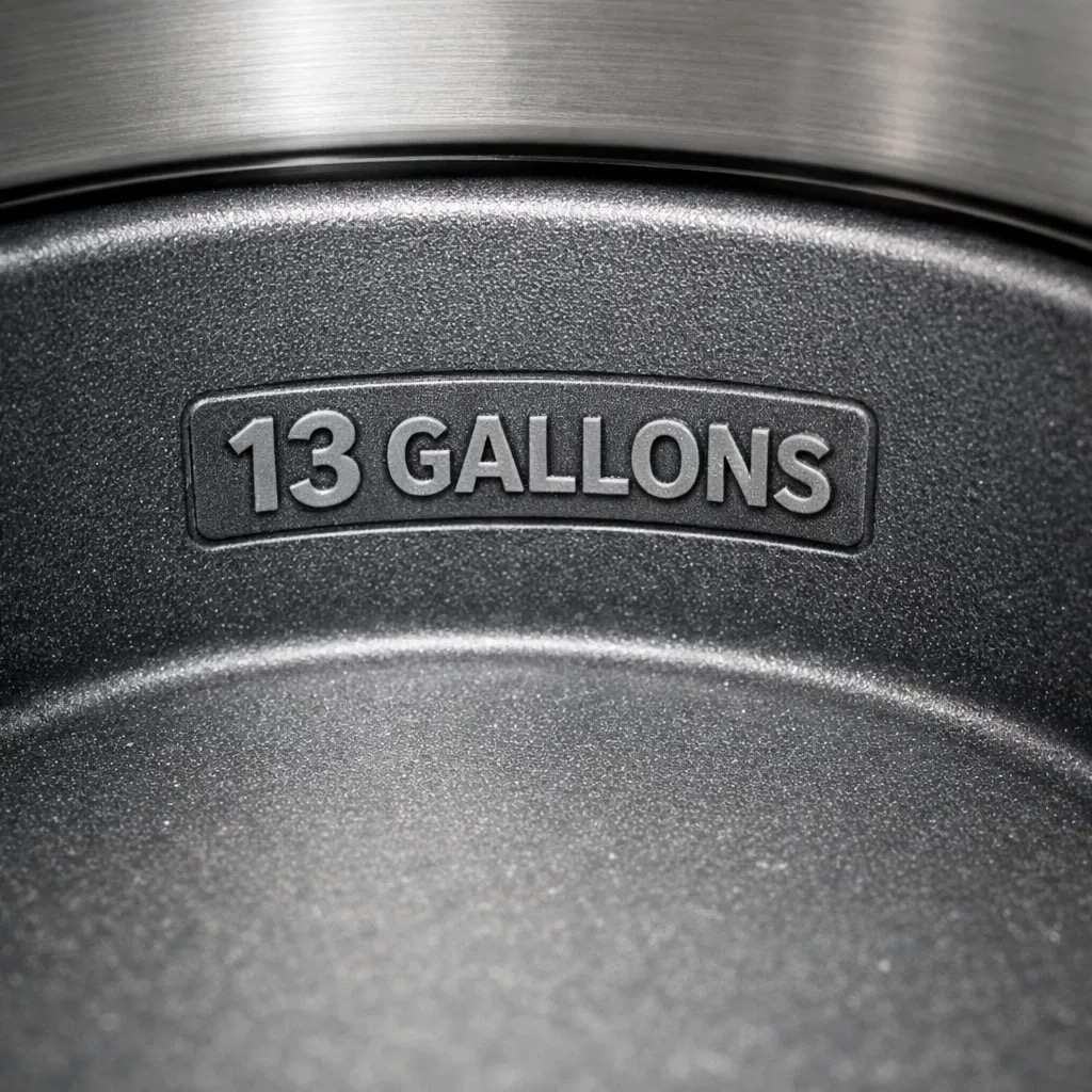The bottom of a 13-gallon trash can showing the gallon capacity label