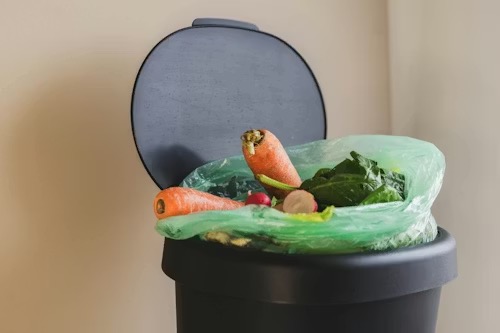 compostable trash bags in kitchen compost bin