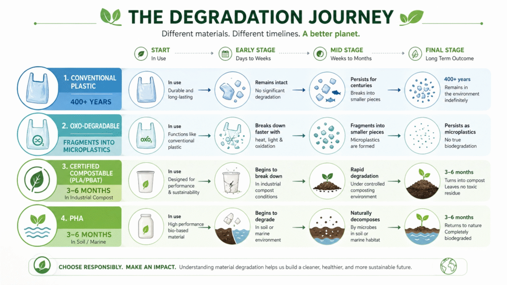 Degradation timeline comparison for biodegradable, oxo-degradable, and compostable trash bags.