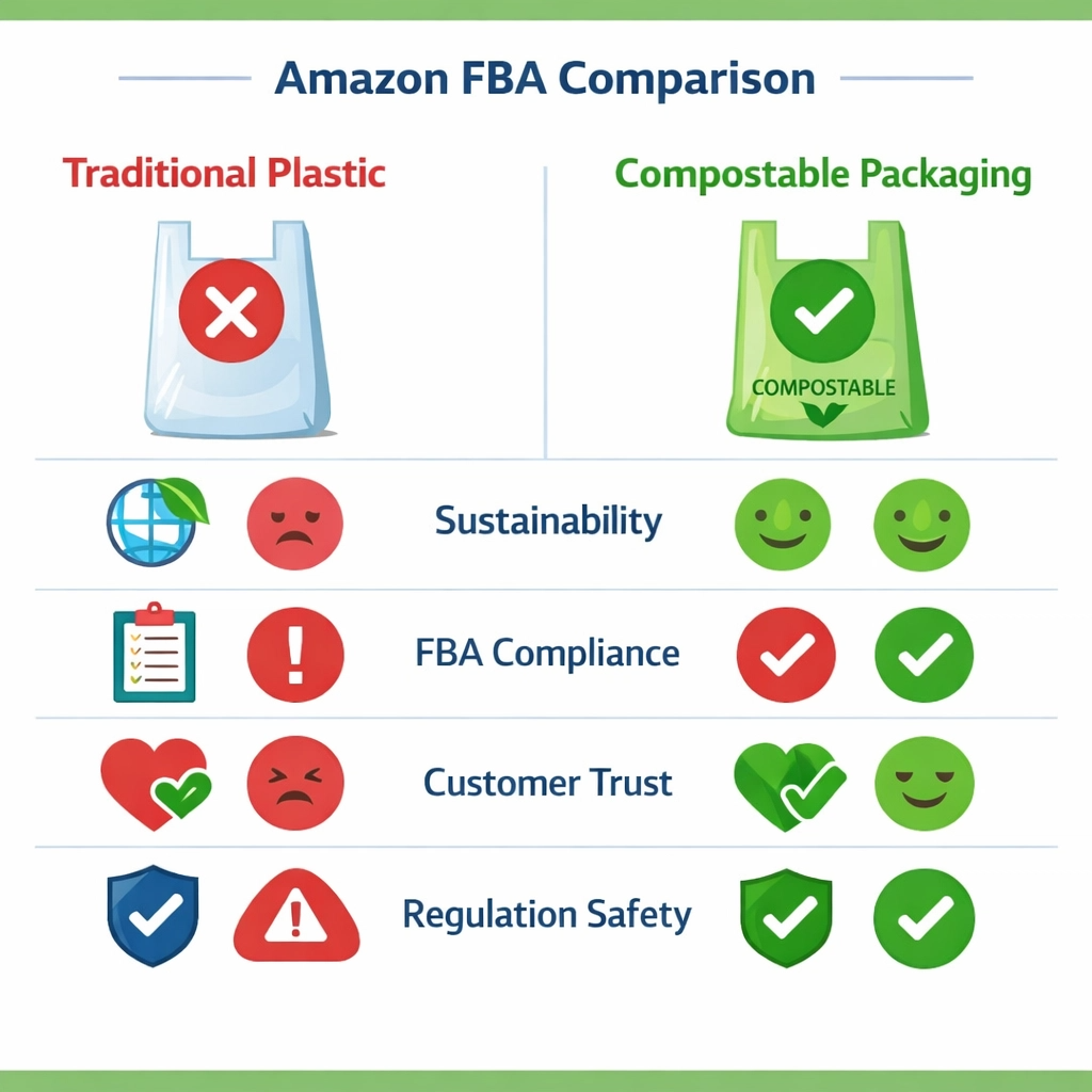 Amazon FBA Compostable Packaging Guide (2026 Update) 1 Comparison between Traditional Plastic and Compostable Packaging for Amazon FBA