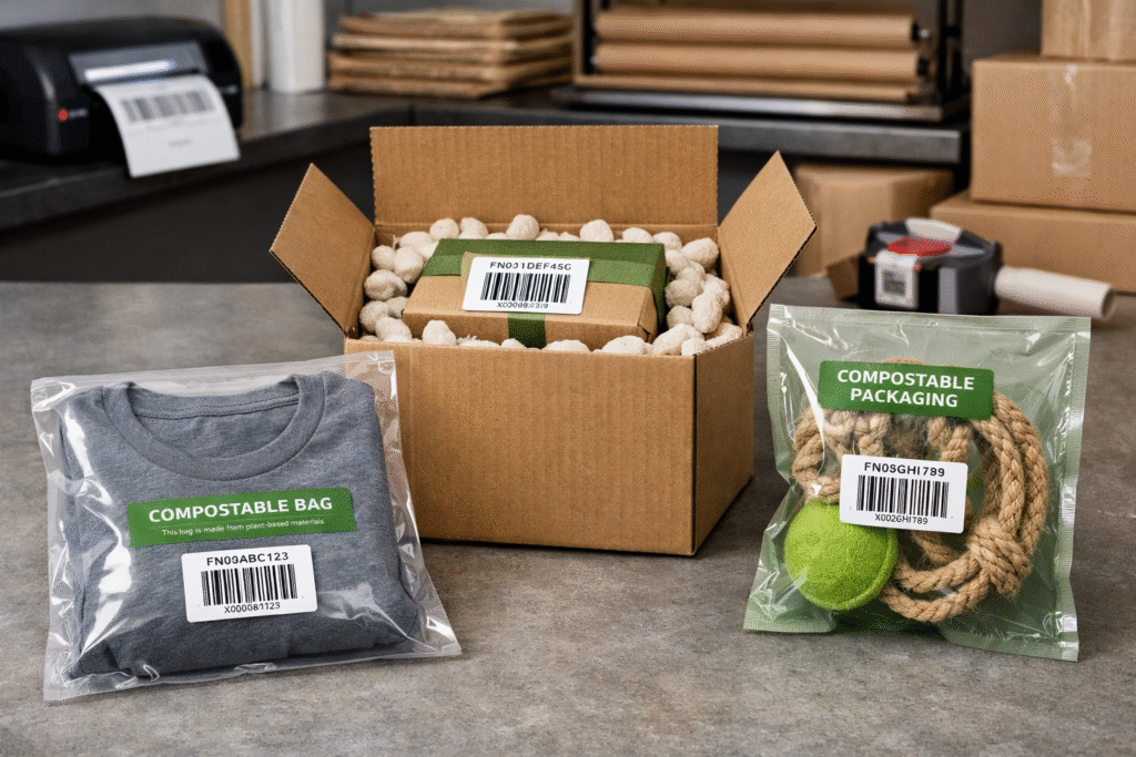Amazon FBA Compostable Packaging Guide (2026 Update) 3 Eco-friendly compostable bags for various Amazon FBA products