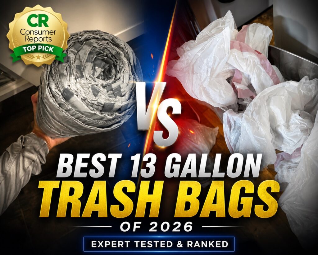 Simplehuman and Walmart Great Value 13 gallon kitchen trash bags side by side, rated best by Consumer Reports in 2026.