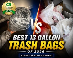 Simplehuman and Walmart Great Value 13 gallon kitchen trash bags side by side, rated best by Consumer Reports in 2026.