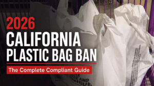 2026 California plastic bag ban compliant guide for businesses and consumers featuring plastic-free alternatives.