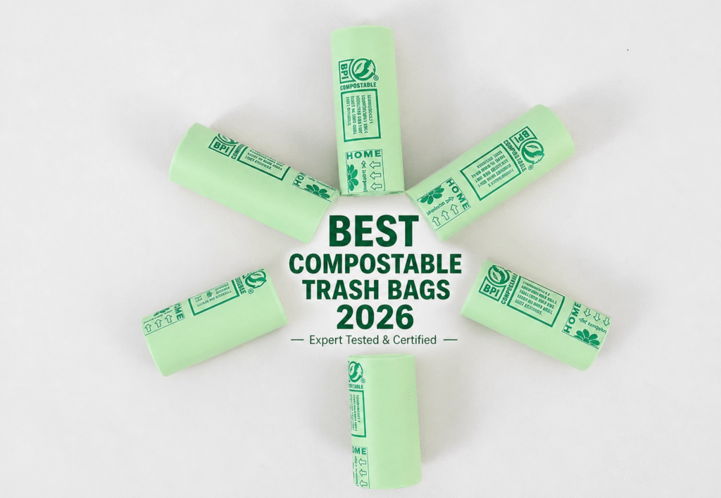 Best compostable trash bags 2026 guide featuring BPI and OK Compost HOME certified biodegradable garbage bags.
