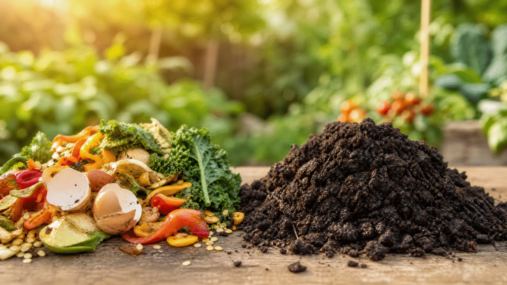Composting Basics: How to Start Composting at Home (Step-by-Step Guide 2026) 3 Visual transformation of raw kitchen food scraps into nutrient-rich dark finished compost - Composting Basics