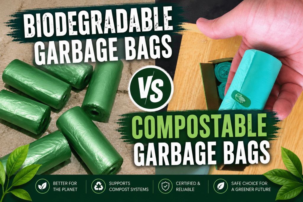 Biodegradable garbage bBiodegradable garbage bags vs compostable garbage bags comparison showing certification, decomposition time, and environmental impact