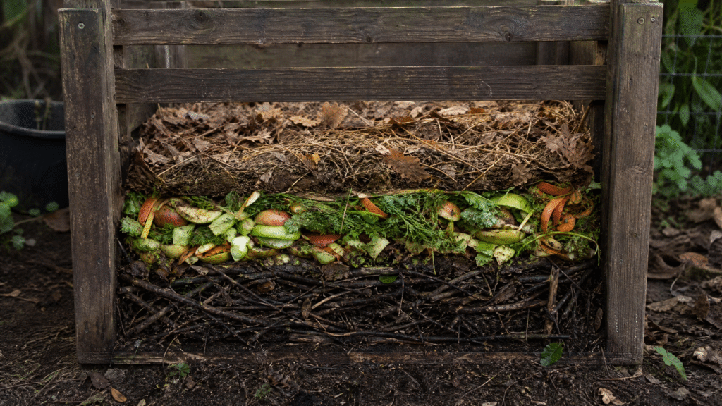 Composting Basics: How to Start Composting at Home (Step-by-Step Guide 2026) 2 Cross-section of a wooden compost bin showing the layering method: twigs at bottom, green scraps in middle, and brown leaves on top - Composting Basics