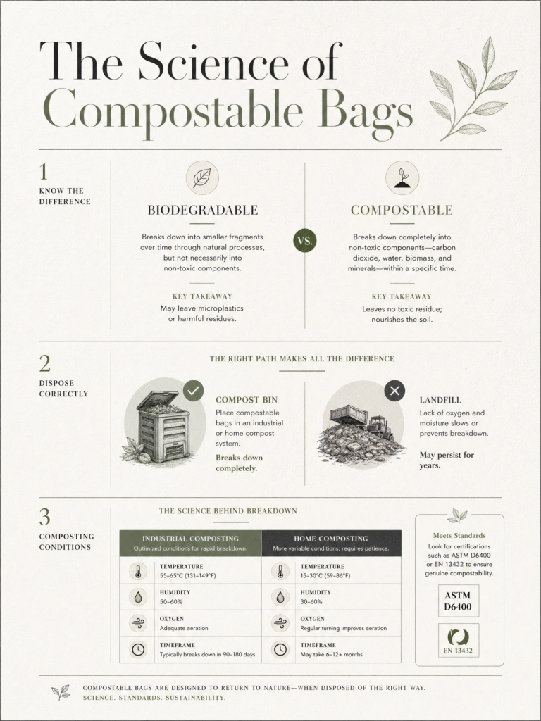 Compostable Bags FAQ: Recyclable? Biodegradable? How to Dispose? (2026 Update) 2 The Science of Compostable Bags Infographic: Comparing Biodegradable vs Compostable standards, proper disposal paths (Compost Bin vs Landfill), and Industrial vs Home composting conditions (ASTM D6400 & EN 13432).