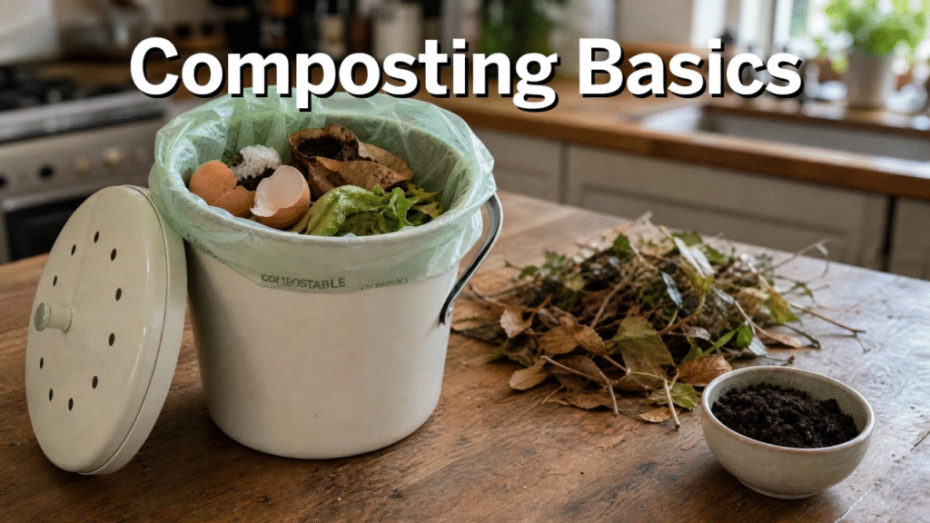Composting Basics: How to Start Composting at Home (Step-by-Step Guide 2026) 8 Composting Basics Infographic: Greens and Browns ratio guide with kitchen compost bin - HEMCbags