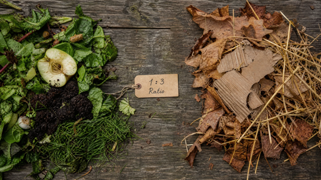 Composting Basics: How to Start Composting at Home (Step-by-Step Guide 2026) 4 Realistic visual guide comparing Green (nitrogen-rich) and Brown (carbon-rich) composting materials with 1:3 ratio - Composting Basics