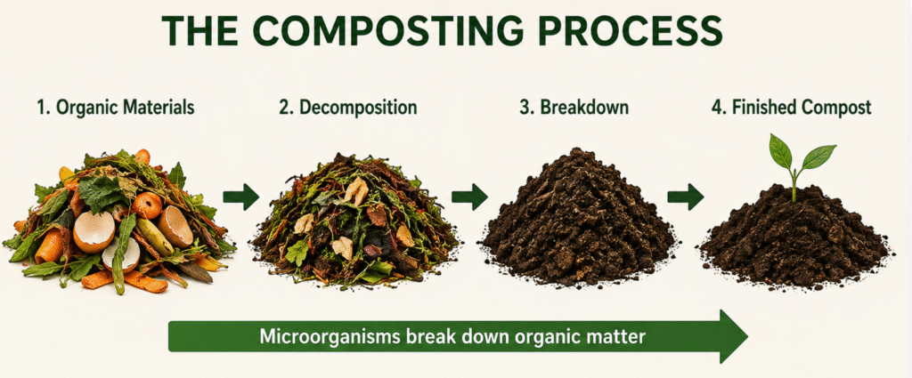Composting Basics: How to Start Composting at Home (Step-by-Step Guide 2026) 5 Four stages of composting process diagram - organic materials breakdown to finished compost