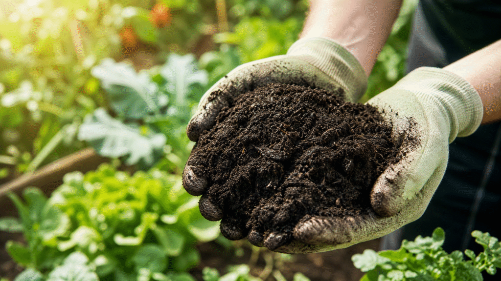 Composting Basics: How to Start Composting at Home (Step-by-Step Guide 2026) 1 Hands holding rich finished compost in a lush organic garden - Composting Basics Guide