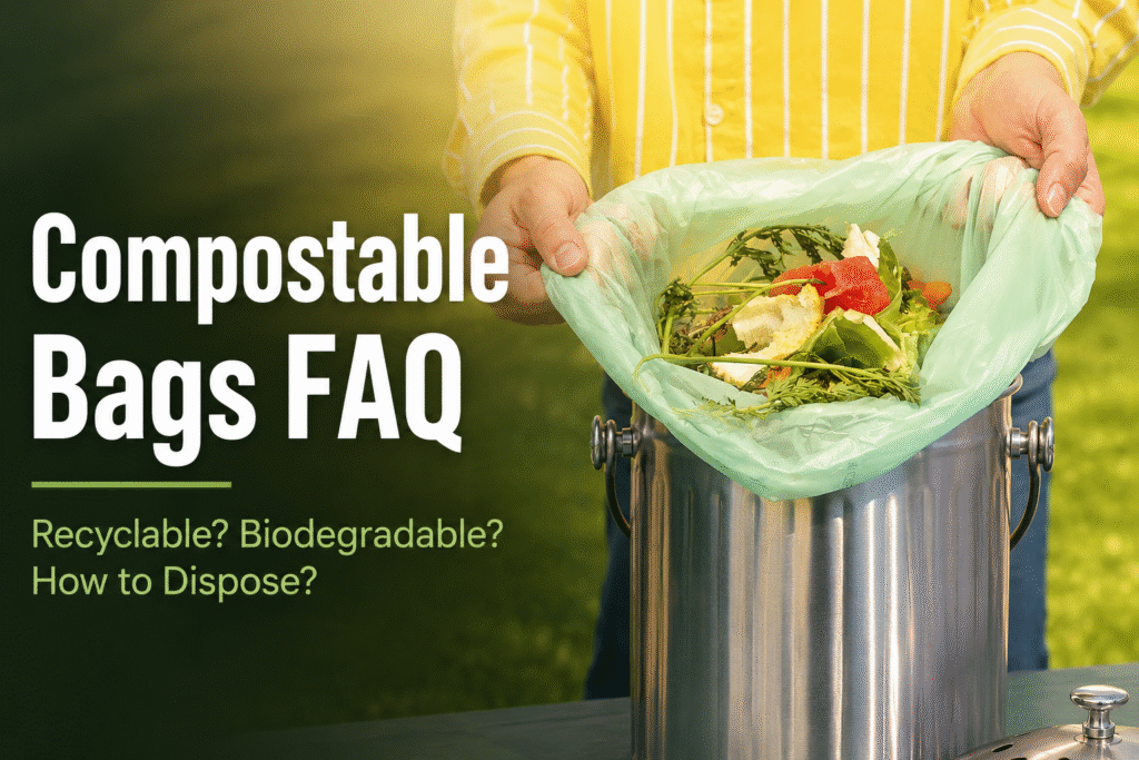 Compostable bags FAQ infographic: not recyclable, biodegradable with BPI certification, dispose in compost bin