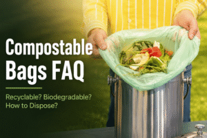Compostable bags FAQ infographic: not recyclable, biodegradable with BPI certification, dispose in compost bin