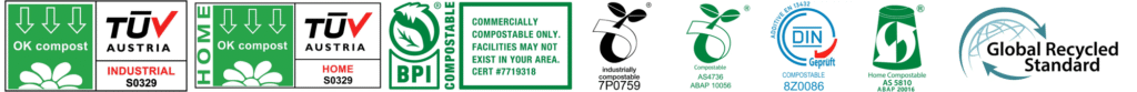 Can Compostable Bags Be Composted? Everything You Need to Know (2026) 5 Official certification logos for compostable bags—including BPI, OK compost INDUSTRIAL, and OK compost HOME—each displaying its unique manufacturer license number for verified compliance with ASTM D6400 and EN 13432 standards.