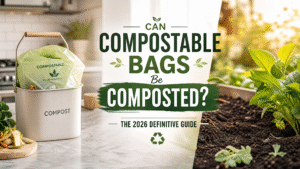 A premium featured image for "Can Compostable Bags Be Composted? The 2026 Definitive Guide" showcasing the connection between a kitchen compost bin and a thriving, healthy garden.