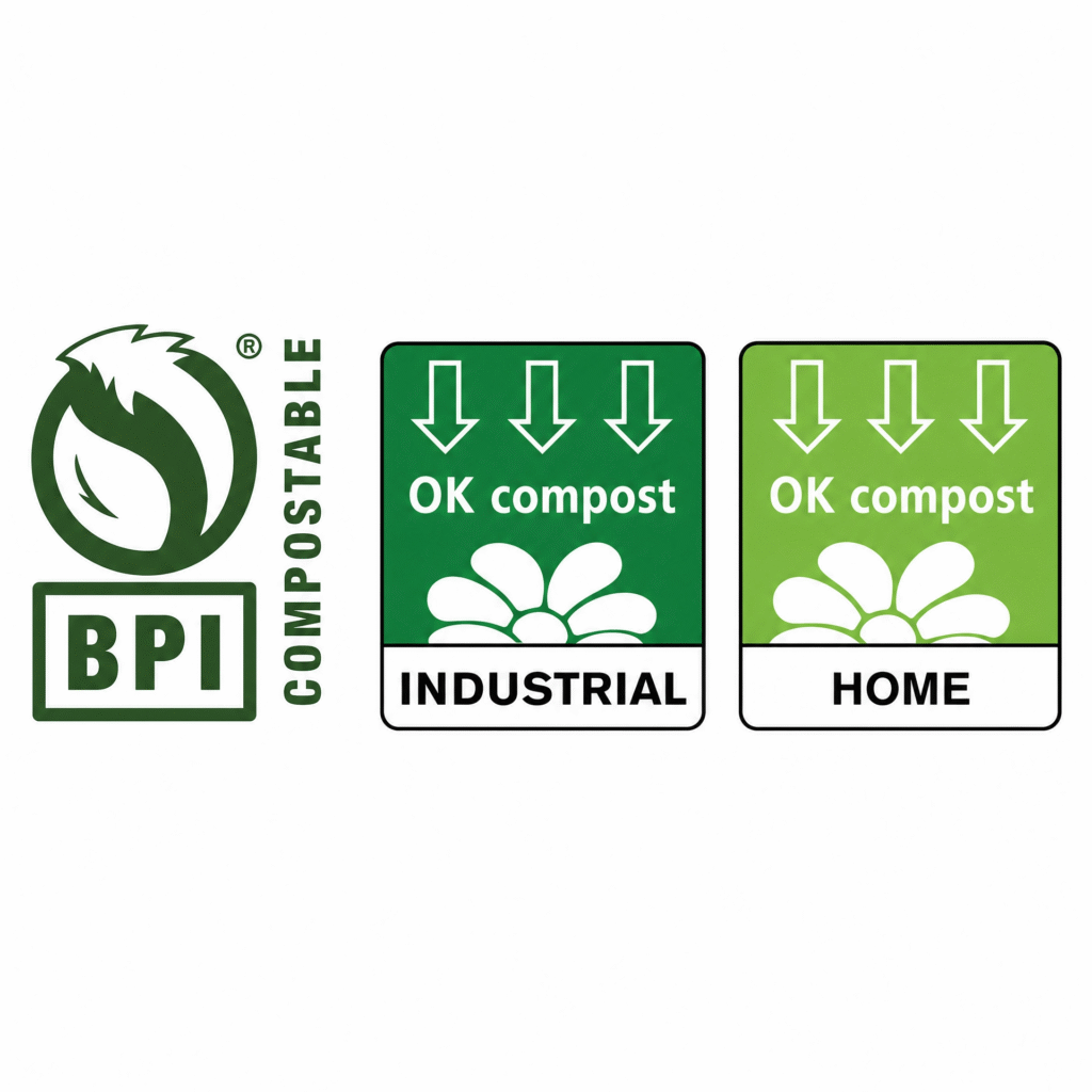 Compostable Explained: Meaning, Certifications, Materials & Everything You Need to Know (2026 Guide) 2 Official certification logos for BPI, OK Compost INDUSTRIAL, and OK Compost HOME for verifying compostable products.
