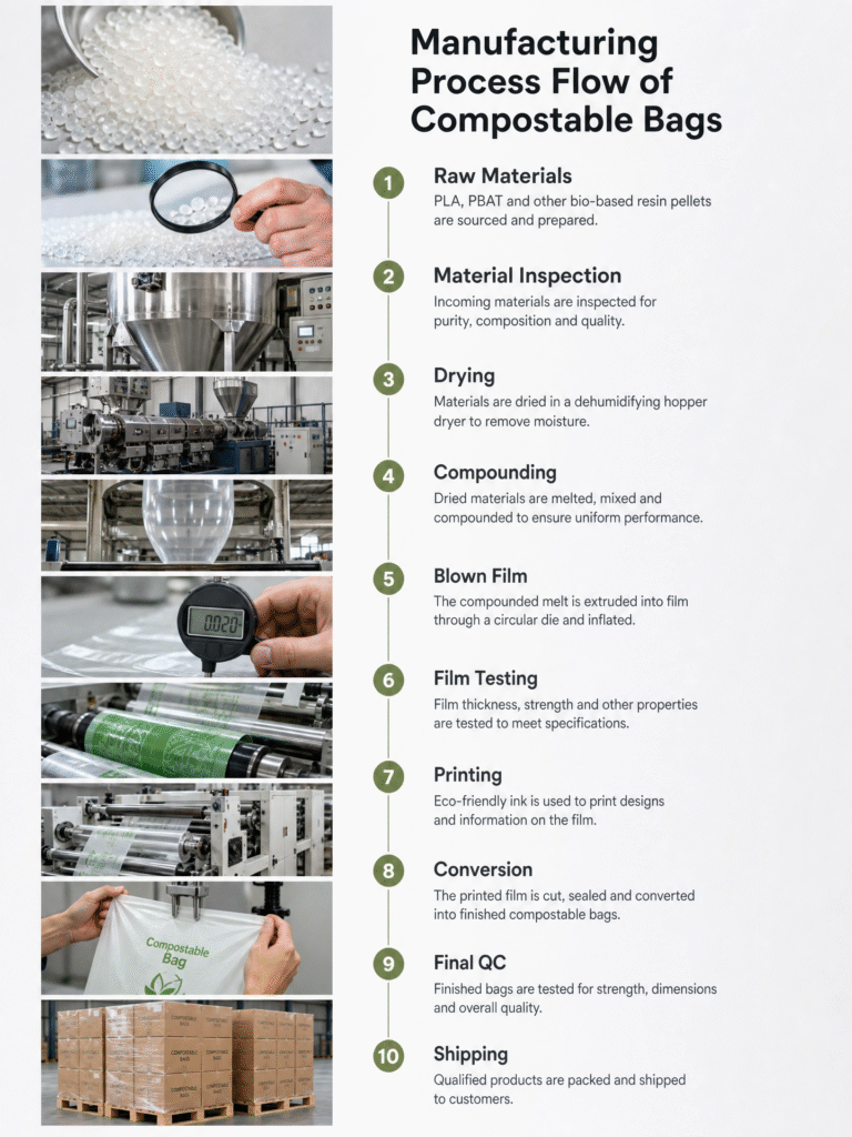 A realistic 10-step infographic showing how compostable bags are made, featuring professional photography of raw resin pellets, blown film extrusion, and quality control testing in a manufacturing facility.