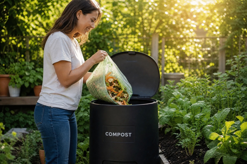 How to Reduce Food Waste: Practical Tips That Actually Work (2026) 4 Uplifting composting scene showing kitchen food scraps being added to a compost bin with compostable bag, turning waste into nutrient-rich soil for a sustainable garden.