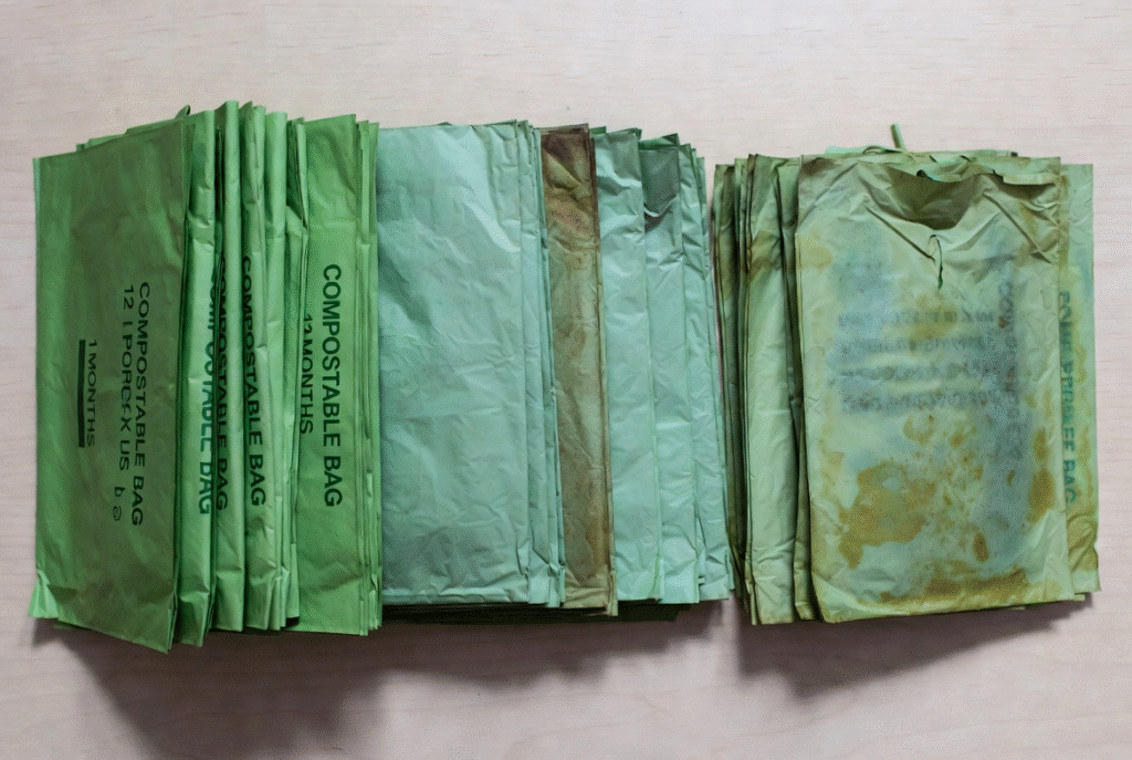 What happens to compostable bags after shelf life - brittle sticky and normal comparison