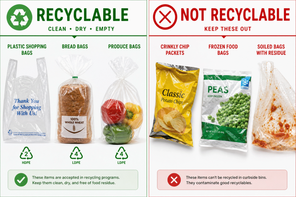 Recyclable Plastic Bags: Which Plastic Bags Can Really Be Recycled? (2026 Guide) 1 Which plastic bags are recyclable vs not recyclable comparison 2026