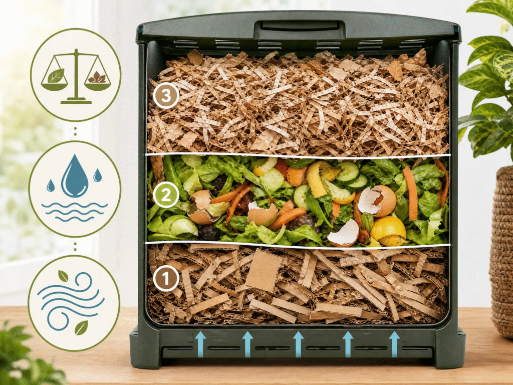 Indoor Composting: How to Compost at Home Without Smell (2026 Guide) 3 An educational infographic showing the correct layering of an indoor compost bin: a base of shredded cardboard (browns), a middle layer of food scraps (greens), and a top 2-inch covering of shredded paper to prevent odors and pests.