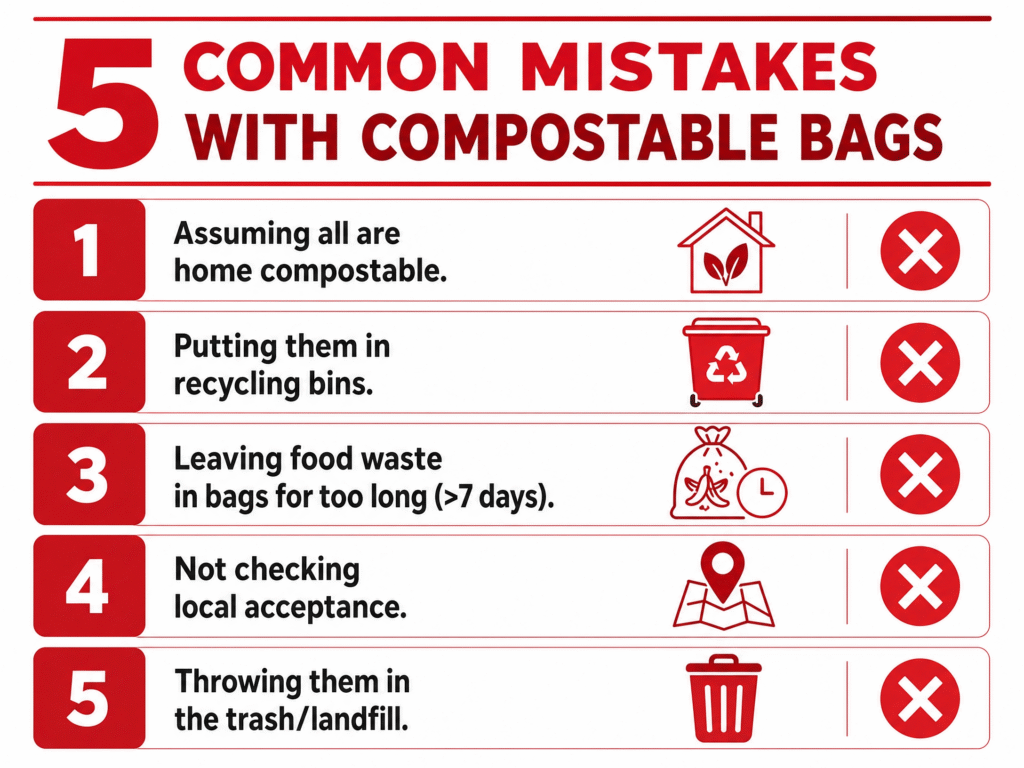 Can Compostable Bags Be Composted? Everything You Need to Know (2026) 6 5 Common Mistakes with Compostable Bags" showing five illustrated errors including recycling contamination and disposal in trash, each marked with a red X.