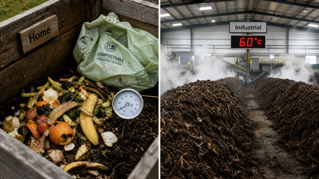Home Compostable vs Industrial Compostable Packaging: What's the Difference? (2026) 3 Home compost bin vs Industrial composting facility temperature and scale comparison