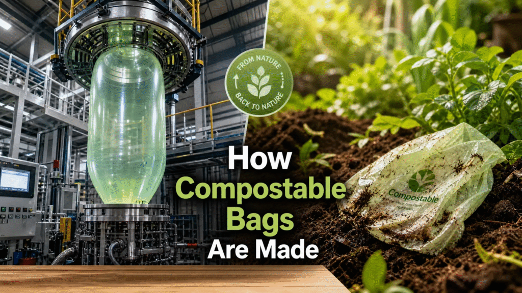 A professional featured image explaining how compostable bags are made, showcasing the industrial blown film extrusion manufacturing process on the left and the natural composting process in soil on the right to illustrate a sustainable lifecycle.