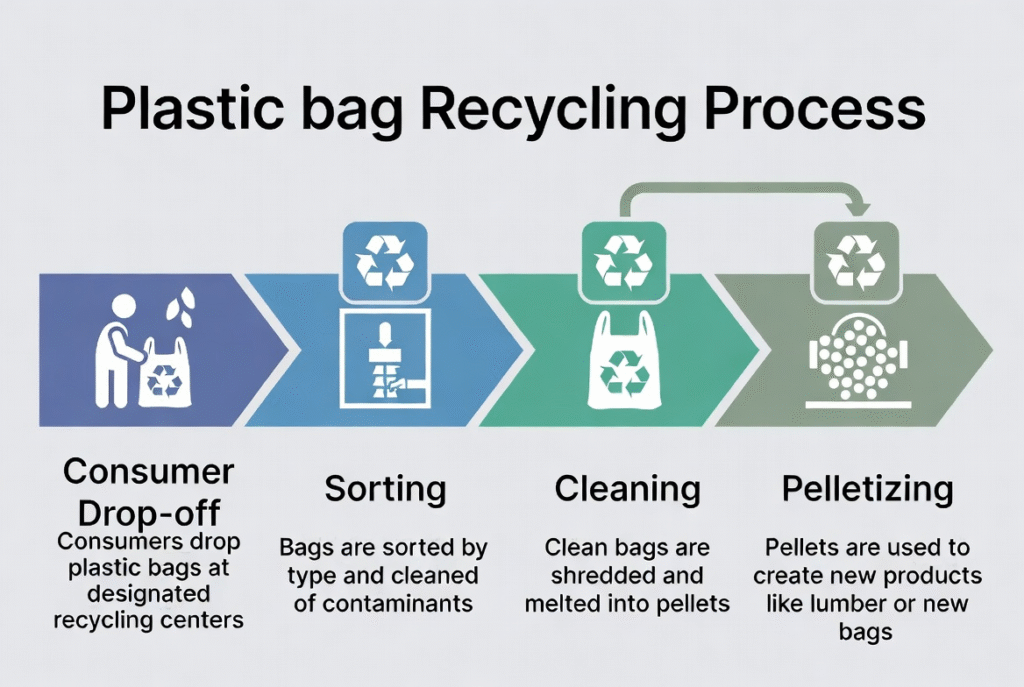 Plastic Bags: Types, Materials, Uses, Recycling & Environmental Impact (2026 Guide) 3 Plastic bags recycling process flowchart - from drop-off to new products