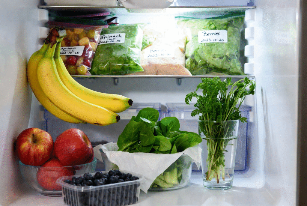 How to Reduce Food Waste: Practical Tips That Actually Work (2026) 2 Proper food storage in refrigerator: labeled frozen items, fresh leafy greens with paper towel, herbs in water, apples and berries, demonstrating best practices to extend shelf life and reduce waste.