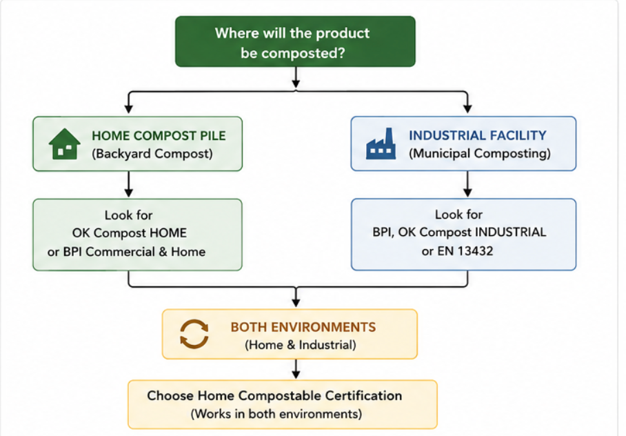 Home Compostable vs Industrial Compostable Packaging: What's the Difference? (2026) 1 Decision tree: How to choose between Home Compostable and Industrial Compostable packaging